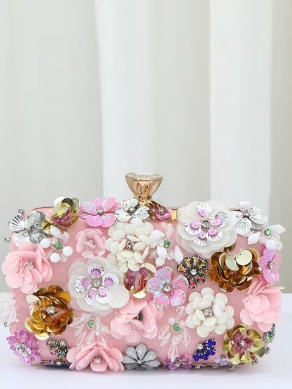 Floral Embellished Pink Evening Clutch